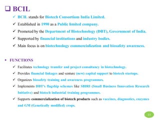  BCIL
 BCIL stands for Biotech Consortium India Limited.
 Established in 1990 as a Public limited company.
 Promoted by the Department of Biotechnology (DBT), Government of India.
 Supported by financial institutions and industry bodies.
 Main focus is on biotechnology commercialization and biosafety awareness.
 FUNCTIONS
 Facilitates technology transfer and project consultancy in biotechnology.
 Provides financial linkages and venture (new) capital support to biotech startups.
 Organizes biosafety training and awareness programmes.
 Implements DBT's flagship schemes like SBIRI (Small Business Innovation Research
Initiative) and biotech industrial training programmes.
 Supports commercialization of biotech products such as vaccines, diagnostics, enzymes
and GM (Genetically modified) crops.
15
 