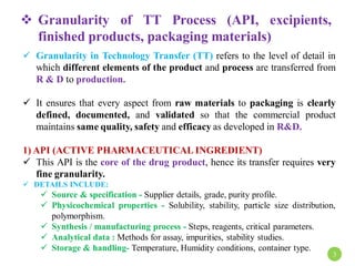  Granularity of TT Process (API, excipients,
finished products, packaging materials)
 Granularity in Technology Transfer (TT) refers to the level of detail in
which different elements of the product and process are transferred from
R & D to production.
 It ensures that every aspect from raw materials to packaging is clearly
defined, documented, and validated so that the commercial product
maintains same quality, safety and efficacy as developed in R&D.
1) API (ACTIVE PHARMACEUTICAL INGREDIENT)
 This API is the core of the drug product, hence its transfer requires very
fine granularity.
 DETAILS INCLUDE:
 Source & specification - Supplier details, grade, purity profile.
 Physicochemical properties - Solubility, stability, particle size distribution,
polymorphism.
 Synthesis / manufacturing process - Steps, reagents, critical parameters.
 Analytical data : Methods for assay, impurities, stability studies.
 Storage & handling- Temperature, Humidity conditions, container type.
3
 
