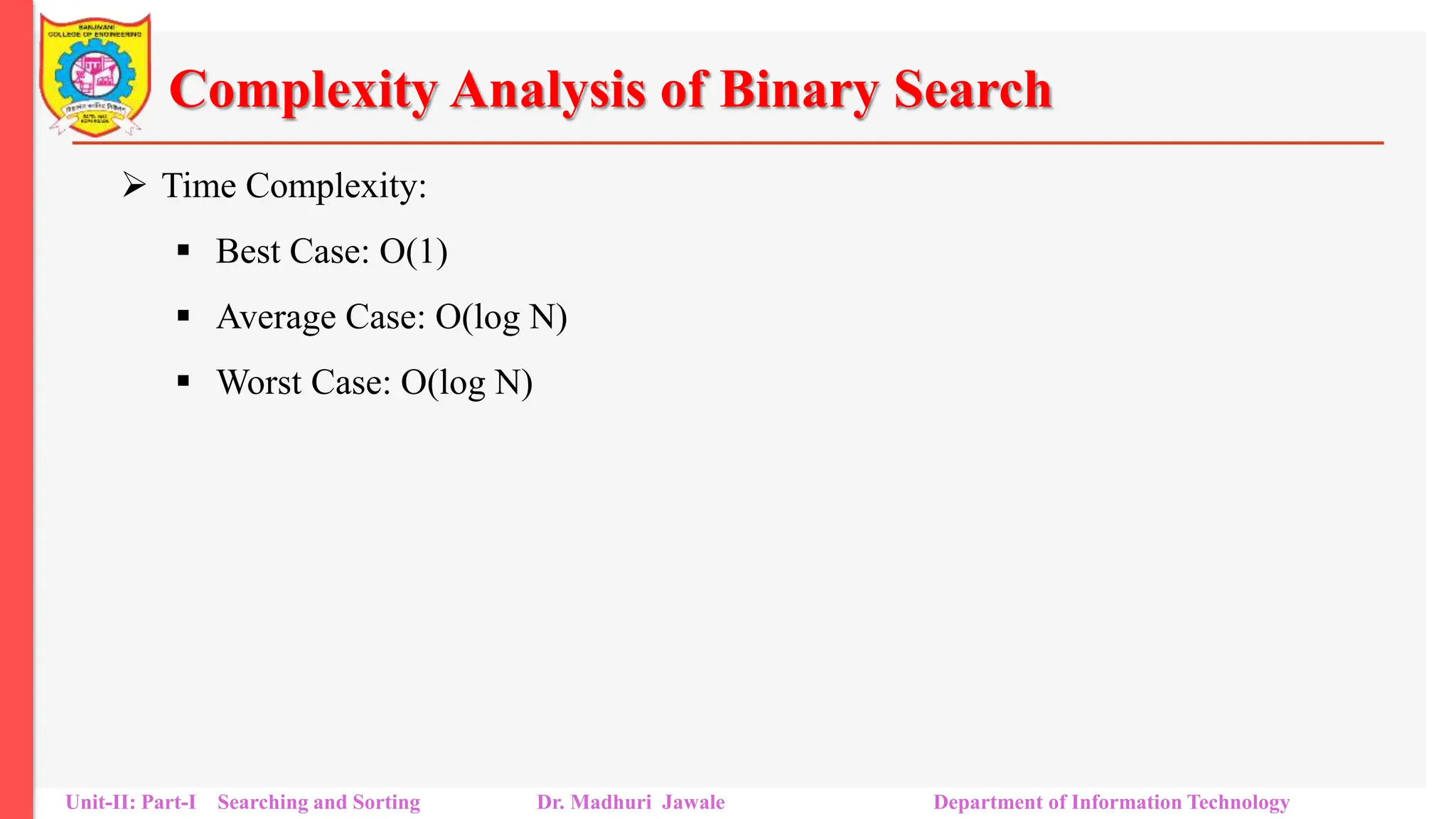 Complexity Analysis of Binary Search
 Time Complexity:
 Best Case: O(1)
 Average Case: O(log N)
 Worst Case: O(log N)
Unit-II: Part-I Searching and Sorting Dr. Madhuri Jawale Department of Information Technology
 