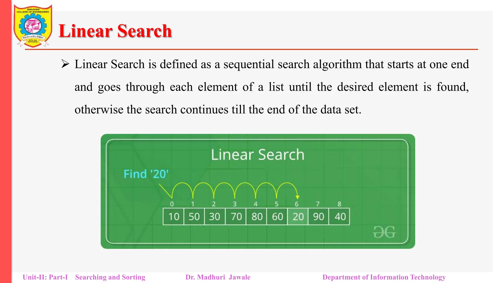Linear Search
 Linear Search is defined as a sequential search algorithm that starts at one end
and goes through each element of a list until the desired element is found,
otherwise the search continues till the end of the data set.
Unit-II: Part-I Searching and Sorting Dr. Madhuri Jawale Department of Information Technology
 