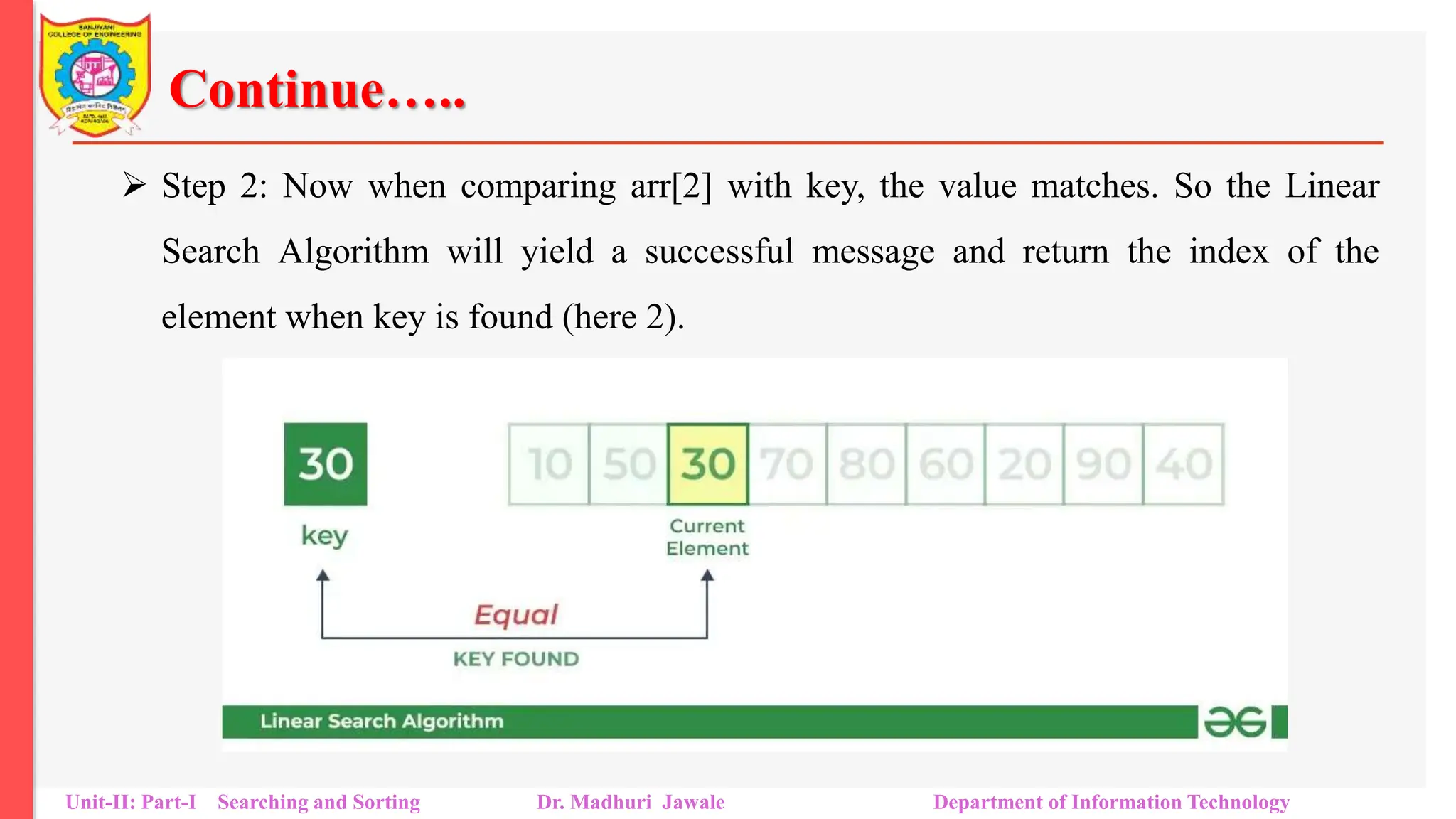 Continue…..
 Step 2: Now when comparing arr[2] with key, the value matches. So the Linear
Search Algorithm will yield a successful message and return the index of the
element when key is found (here 2).
Unit-II: Part-I Searching and Sorting Dr. Madhuri Jawale Department of Information Technology
 