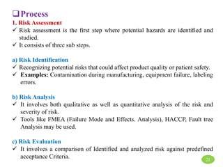 Process
1. Risk Assessment
 Risk assessment is the first step where potential hazards are identified and
studied.
 It consists of three sub steps.
a) Risk Identification
 Recognizing potential risks that could affect product quality or patient safety.
 Examples: Contamination during manufacturing, equipment failure, labeling
errors.
b) Risk Analysis
 It involves both qualitative as well as quantitative analysis of the risk and
severity of risk.
 Tools like FMEA (Failure Mode and Effects. Analysis), HACCP, Fault tree
Analysis may be used.
c) Risk Evaluation
 It involves a comparison of Identified and analyzed risk against predefined
acceptance Criteria. 21
 