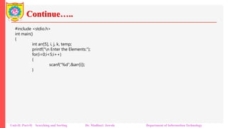 Continue…..
Unit-II: Part-II Searching and Sorting Dr. Madhuri Jawale Department of Information Technology
#include <stdio.h>
int main()
{
int arr[5], i, j, k, temp;
printf("n Enter the Elements:");
for(i=0;i<5;i++)
{
scanf("%d",&arr[i]);
}
 