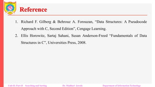 Reference
1. Richard F. Gilberg & Behrouz A. Forouzan, “Data Structures: A Pseudocode
Approach with C, Second Edition”, Cengage Learning.
2. Ellis Horowitz, Sartaj Sahani, Susan Anderson-Freed “Fundamentals of Data
Structures in C”, Universities Press, 2008.
Unit-II: Part-II Searching and Sorting Dr. Madhuri Jawale Department of Information Technology
 
