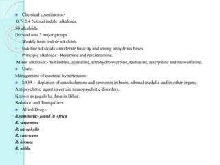 Chemical constituents:-
0.7- 2.4 % total indole alkaloids.
50 alkaloids
Divided into 3 major groups
1. Weakly basic indole alkaloids
2. Indoline alkaloids:- moderate basicity and strong unhydrous bases.
3. Principle alkaloids:- Reserpine and rescinnamine.
Minor alkaloids:- Yohimbine, ajamaline, tetrahydroreserpine, raubasine, reserpiline and rauwolfinine.
Uses:-
Management of essential hypertension
MOA :- depletion of catecholamine and serotonin in brain, adrenal medulla and in other organs.
Antipsychotic agent in certain neuropsychotic disorders.
Known as pagalo ka dava in Bihar.
Sedative and Tranquilizer.
Allied Drug:-
R.vomitoria:- found in Africa
R. serpentina
R. tetraphylla
R. canescens
R. hirsuta
R. nitida
 