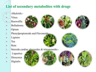 List of secondary metabolites with drugs
1. Alkaloids:-
 Vinca
 Rauwolfia
 Belladonna
 Opium
2. Phenylpropionoids and Flavonoids:-
 Lignans
 Tea
 Ruta
3. Steroids cardiac glycosides & triterpenoids:-
 Liquorice
 Dioscorea
 Digitalis
 