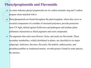 Phenylpropionoids and Flavonoids
As name indicates phenyl propionoids are six carbon aromatic ring and 3 carbon
propane chain attached with it.
Phenylpropanoids are found throughout the plant kingdom, where they serve as
essential components of a number of structural polymers, provide protection
from UV light, defend against herbivores and pathogens and mediate plant-
pollinators interactions as floral pigments and scent compounds.
The pigments that color most flowers, fruits, and seeds are flavonoids. These
secondary metabolites, widely distributed in plants, are classified in six major
subgroups: chalcones, flavones, flavonols, flavandiols, anthocyanins, and
proanthocyanidins or condensed tannins. seventh group is found in some species,
the aurones.
 