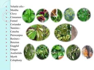 4. Volatile oils:-
 Mentha
 Clove
 Cinnamon
 Fennel
 Coriander
5. Tannins:-
 Catechu
 Pterocarpus
6. Resines:-
 Benzion
 Gugglul
 Ginger
 Asafoetida
 Myrrh
 Colophony
 
