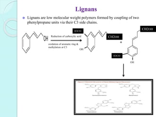 Lignans
Lignans are low molecular weight polymers formed by coupling of two
phenylpropane units via their C3 side chains.
Reduction of carboxylic acid
oxidation of aromatic ring &
methylation at C3
+
CH2OH
CH2OH
OH
OH
H3CO
H3CO
 