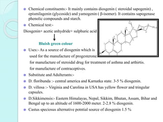 Chemical constituents:- It mainly contains diosgenin ( steroidal sapogenin) ,
epismilagenin (glycoside) and yamogenin ( β-isomer). It contains sapogenase
phenolic compounds and starch.
Chemical test:-
Diosgenin+ acetic anhydride+ sulphuric acid
Bluish green colour
Uses:- As a source of diosgenin which is
used for the manufacture of progesterone.
for manufacture of steroidal drug for treatment of asthma and arthirtis.
for manufacture of contraceptives.
Substitute and Adulterants:-
D. floribunda :- central america and Karnatka state. 3-5 % diosgenin.
D. villosa :- Virginia and Carolina in USA has yellow flower and tringular
capsules.
D.Sikkimensis:- Eastern Himalayas, Nepal, Sikkim, Bhutan, Assam, Bihar and
Bengal up to an altitude of 1600-2000 meter. 2-2.8 % diosgenin.
Castus speciosus alternative potntial source of diosgenin 1.5 %
 