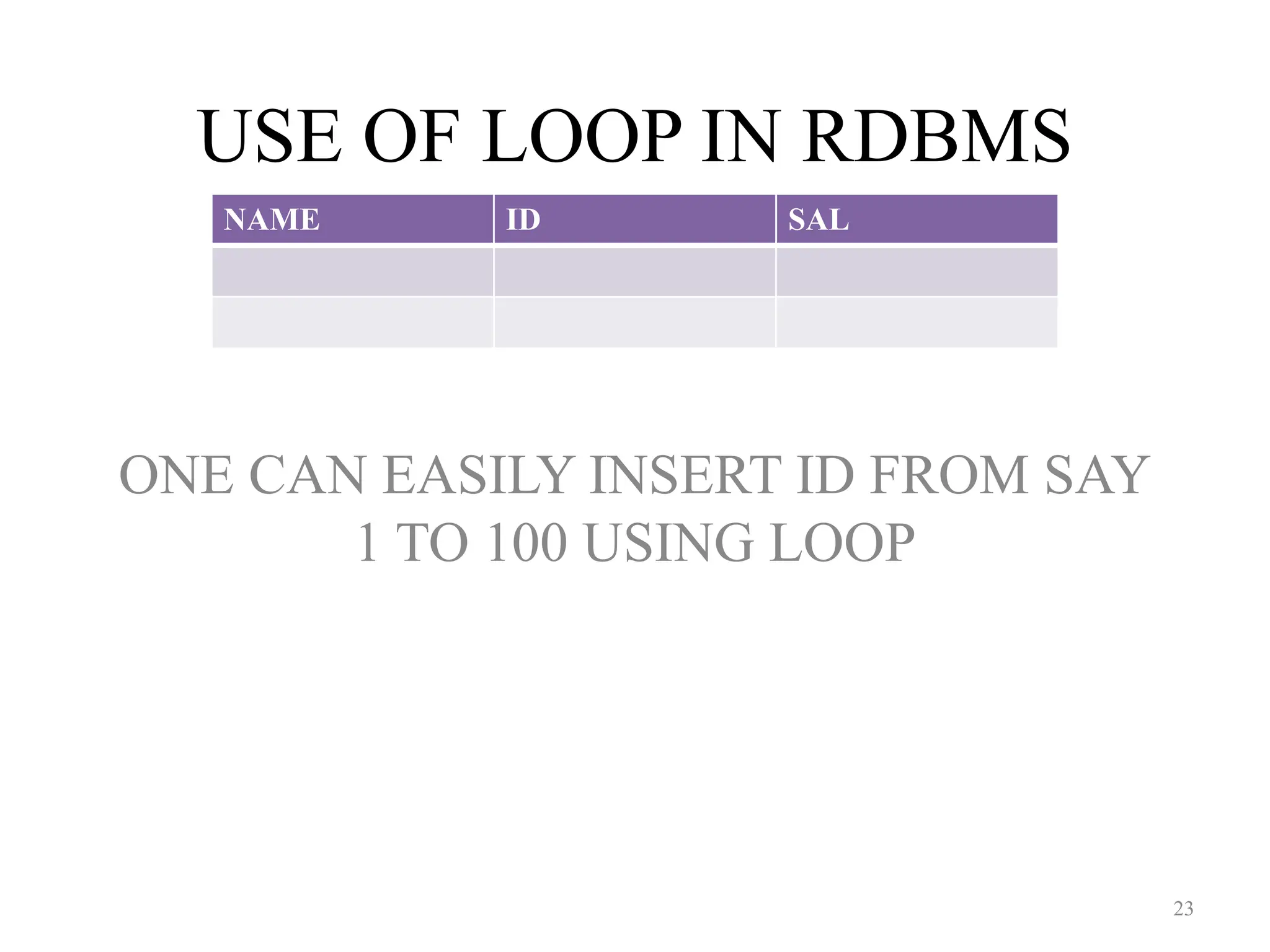 USE OF LOOP IN RDBMS
ONE CAN EASILY INSERT ID FROM SAY
1 TO 100 USING LOOP
NAME ID SAL
23
 
