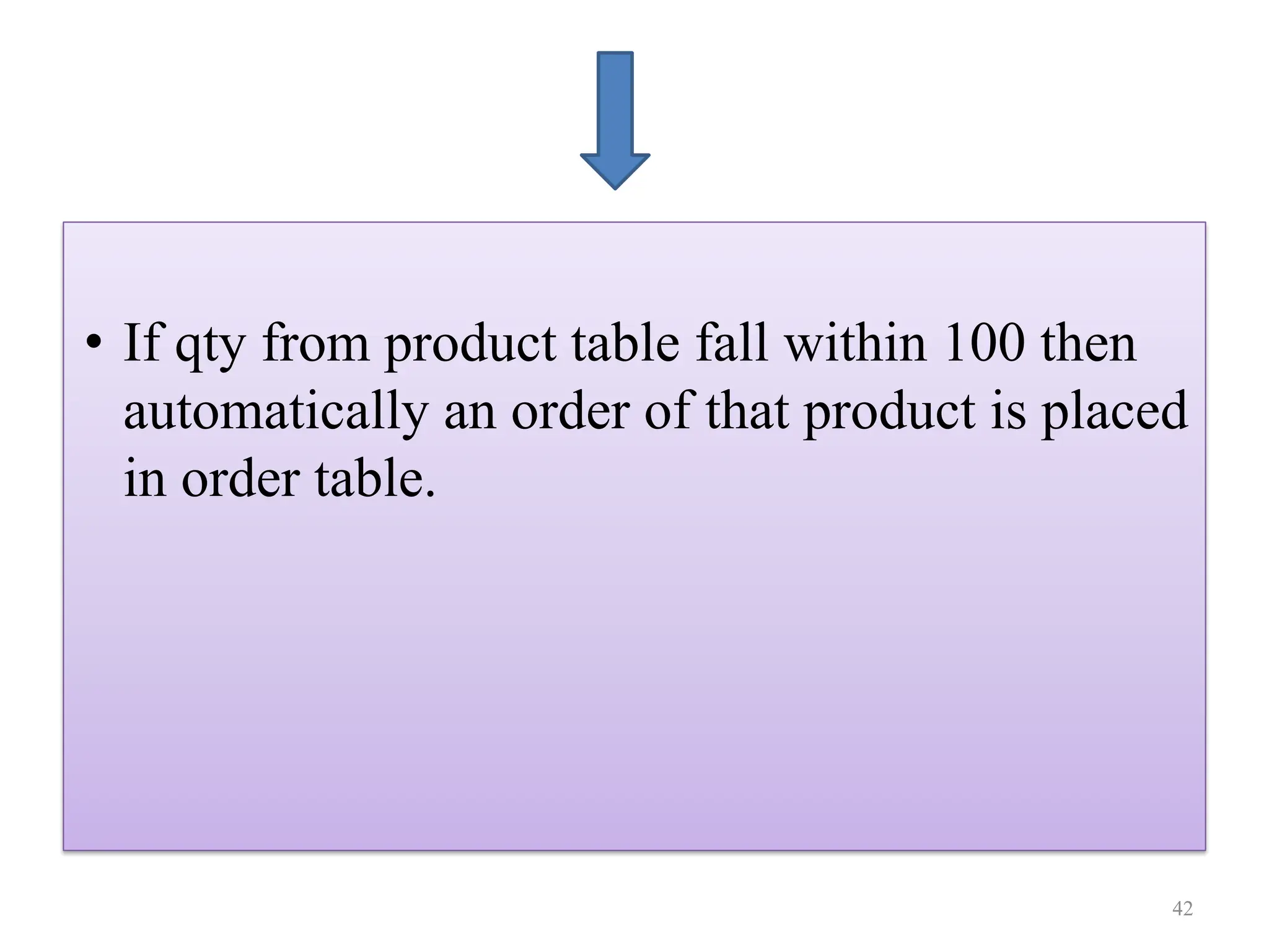 • If qty from product table fall within 100 then
automatically an order of that product is placed
in order table.
42
 