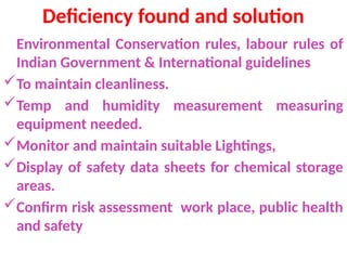 Deficiency found and solution
Environmental Conservation rules, labour rules of
Indian Government & International guidelines
To maintain cleanliness.
Temp and humidity measurement measuring
equipment needed.
Monitor and maintain suitable Lightings,
Display of safety data sheets for chemical storage
areas.
Confirm risk assessment work place, public health
and safety
 