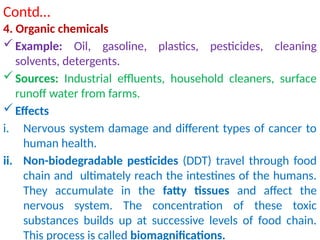Contd…
4. Organic chemicals
Example: Oil, gasoline, plastics, pesticides, cleaning
solvents, detergents.
Sources: Industrial effluents, household cleaners, surface
runoff water from farms.
Effects
i. Nervous system damage and different types of cancer to
human health.
ii. Non-biodegradable pesticides (DDT) travel through food
chain and ultimately reach the intestines of the humans.
They accumulate in the fatty tissues and affect the
nervous system. The concentration of these toxic
substances builds up at successive levels of food chain.
This process is called biomagnifications.
 