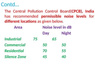 Contd…
The Central Pollution Control Board(CPCB), India
has recommended permissible noise levels for
different locations as given below.
Area Noise level in dB
Day Night
Industrial 75 65
Commercial 50 50
Residential 70 55
Silence Zone 45 40
 