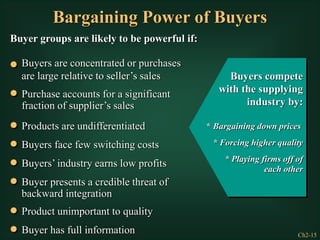 Ch2-15
Bargaining Power of Buyers
Buyers compete
with the supplying
industry by:
* Bargaining down prices
* Forcing higher quality
* Playing firms off of
each other
Buyer groups are likely to be powerful if:
Buyers are concentrated or purchases
are large relative to seller’s sales
Purchase accounts for a significant
fraction of supplier’s sales
Products are undifferentiated
Buyers face few switching costs
Buyers’ industry earns low profits
Buyer presents a credible threat of
backward integration
Product unimportant to quality
Buyer has full information
 