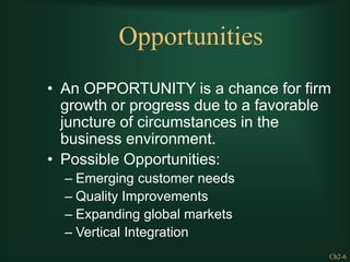Ch2-6
Opportunities
• An OPPORTUNITY is a chance for firm
growth or progress due to a favorable
juncture of circumstances in the
business environment.
• Possible Opportunities:
– Emerging customer needs
– Quality Improvements
– Expanding global markets
– Vertical Integration
 