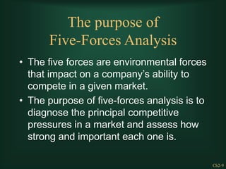 Ch2-9
The purpose of
Five-Forces Analysis
• The five forces are environmental forces
that impact on a company’s ability to
compete in a given market.
• The purpose of five-forces analysis is to
diagnose the principal competitive
pressures in a market and assess how
strong and important each one is.
 
