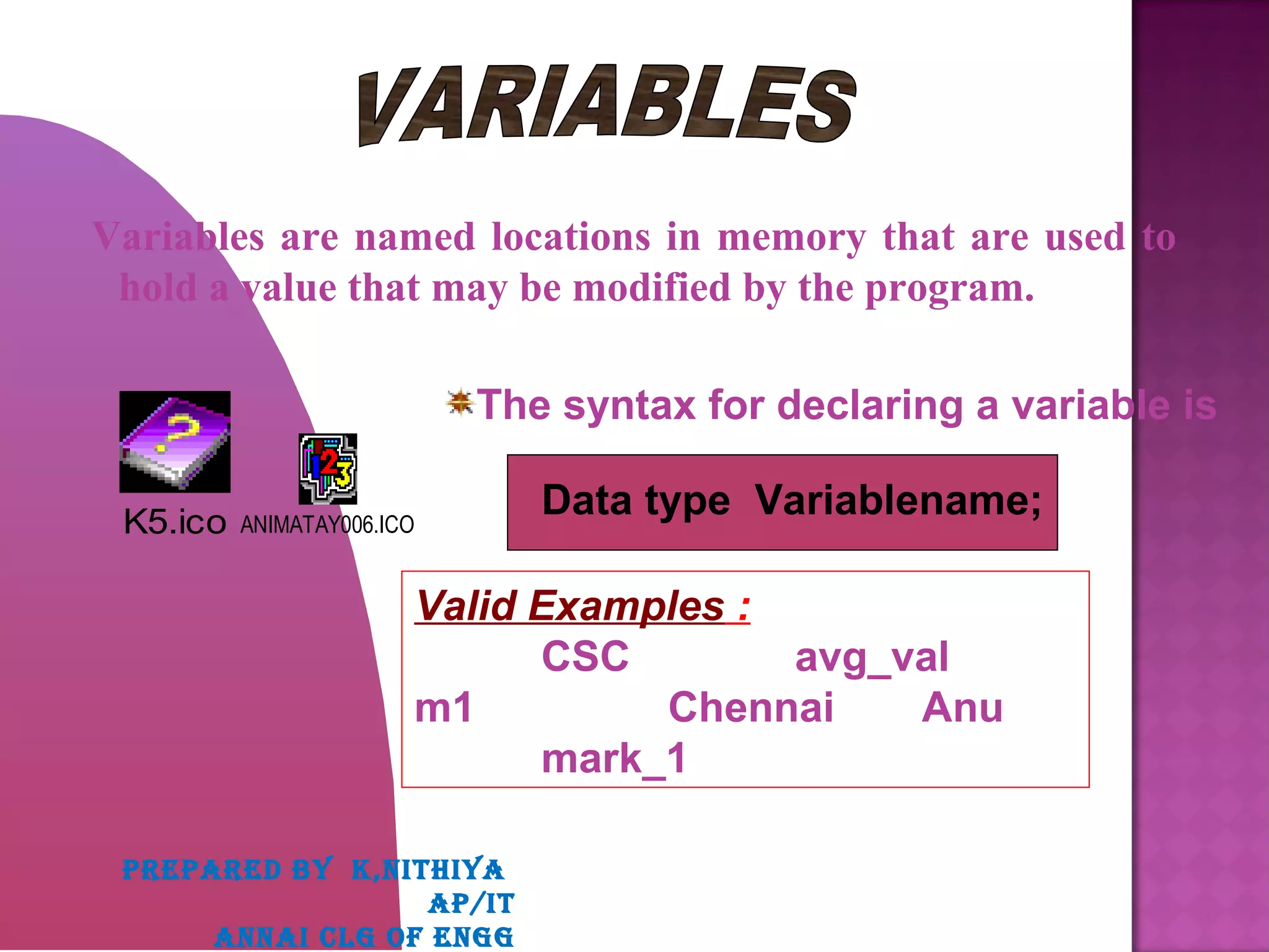 Variables are named locations in memory that are used to
hold a value that may be modified by the program.
K5.ico ANIMATAY006.ICO
The syntax for declaring a variable is
Data type Variablename;
Valid Examples :
CSC avg_val
m1 Chennai Anu
mark_1
PREPARED BY K,NITHIYA
AP/IT
ANNAI CLG OF ENGG
 