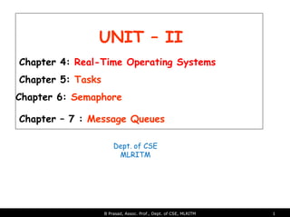 UNIT – II
Chapter 4: Real-Time Operating Systems
Chapter 5: Tasks
Chapter 6: Semaphore
Chapter – 7 : Message Queues
B Prasad, Assoc. Prof., Dept. of CSE, MLRITM 1
Dept. of CSE
MLRITM
 