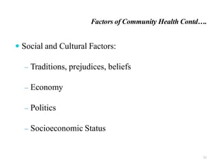 Factors of Community Health Contd….
 Social and Cultural Factors:
– Traditions, prejudices, beliefs
– Economy
– Politics
– Socioeconomic Status
31
 