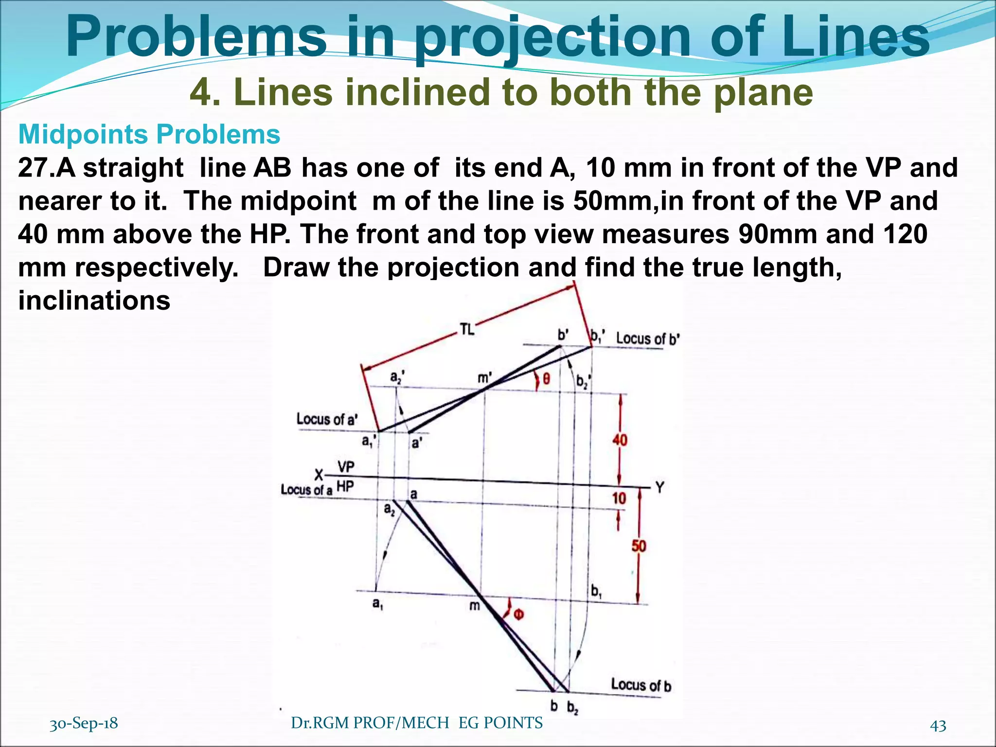 Problems in projection of Lines
4. Lines inclined to both the plane
Midpoints Problems
27.A straight line AB has one of its end A, 10 mm in front of the VP and
nearer to it. The midpoint m of the line is 50mm,in front of the VP and
40 mm above the HP. The front and top view measures 90mm and 120
mm respectively. Draw the projection and find the true length,
inclinations
30-Sep-18 43Dr.RGM PROF/MECH EG POINTS
 