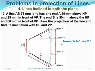 Problems in projection of Lines
4. Lines inclined to both the plane
12. A line AB 75 mm long has one end A 20 mm above HP
and 25 mm in front of VP. The end B is 50mm above the HP
and 60 mm in front of VP. Draw the projection of the line and
find its inclination with HP and VP.
Answer: θ= 24 0 ϕ = 28 0
30-Sep-18 28Dr.RGM PROF/MECH EG POINTS
 