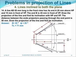 Problems in projection of Lines
4. Lines inclined to both the plane
14. A line AB 65 mm long in the front view has its end A 20 mm above HP
and 15 mm in front of VP. The end B is 45 mm in front of VP. Draw the
projection of the line and find its inclination with HP and VP. The
distance between the ends projectors passing through the end point is
50 mm. Draw the projection of the line and find its inclination.
Answer: θ= 35 0 ϕ = 25 0
TL = 71 mm
30-Sep-18 30Dr.RGM PROF/MECH EG POINTS
 