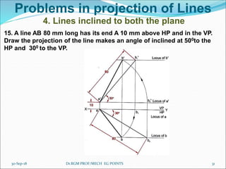 Problems in projection of Lines
4. Lines inclined to both the plane
15. A line AB 80 mm long has its end A 10 mm above HP and in the VP.
Draw the projection of the line makes an angle of inclined at 500to the
HP and 300 to the VP.
30-Sep-18 31Dr.RGM PROF/MECH EG POINTS
 
