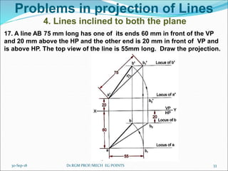 Problems in projection of Lines
4. Lines inclined to both the plane
17. A line AB 75 mm long has one of its ends 60 mm in front of the VP
and 20 mm above the HP and the other end is 20 mm in front of VP and
is above HP. The top view of the line is 55mm long. Draw the projection.
30-Sep-18 33Dr.RGM PROF/MECH EG POINTS
 