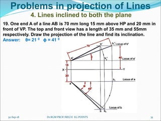 Problems in projection of Lines
4. Lines inclined to both the plane
19. One end A of a line AB is 70 mm long 15 mm above HP and 20 mm in
front of VP. The top and front view has a length of 35 mm and 55mm
respectively. Draw the projection of the line and find its inclination.
Answer: θ= 21 0 ϕ = 41 0
30-Sep-18 35Dr.RGM PROF/MECH EG POINTS
 