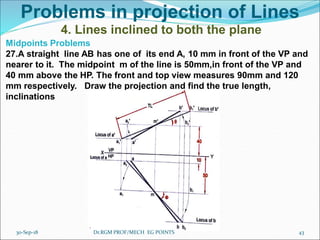 Problems in projection of Lines
4. Lines inclined to both the plane
Midpoints Problems
27.A straight line AB has one of its end A, 10 mm in front of the VP and
nearer to it. The midpoint m of the line is 50mm,in front of the VP and
40 mm above the HP. The front and top view measures 90mm and 120
mm respectively. Draw the projection and find the true length,
inclinations
30-Sep-18 43Dr.RGM PROF/MECH EG POINTS
 