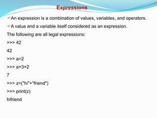 Expressions
An expression is a combination of values, variables, and operators.
A value and a variable itself considered as an expression.
The following are all legal expressions:
>>> 42
42
>>> a=2
>>> a+3+2
7
>>> z=("hi"+"friend")
>>> print(z)
hifriend
 