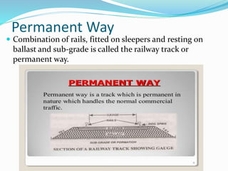 Permanent Way
 Combination of rails, fitted on sleepers and resting on
ballast and sub-grade is called the railway track or
permanent way.
 
