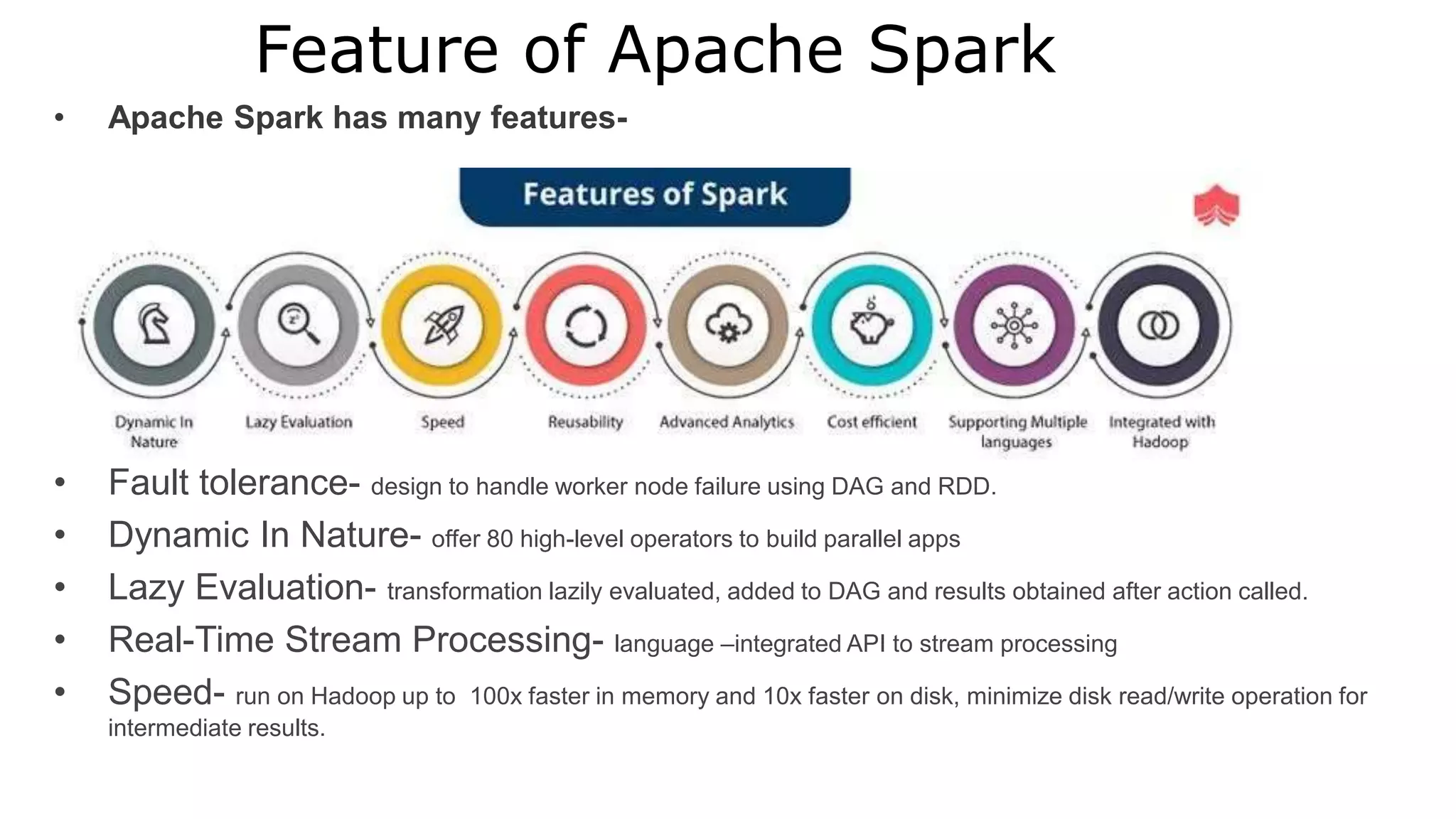 Feature of Apache Spark
• Apache Spark has many features-
• Fault tolerance- design to handle worker node failure using DAG and RDD.
• Dynamic In Nature- offer 80 high-level operators to build parallel apps
• Lazy Evaluation- transformation lazily evaluated, added to DAG and results obtained after action called.
• Real-Time Stream Processing- language –integrated API to stream processing
• Speed- run on Hadoop up to 100x faster in memory and 10x faster on disk, minimize disk read/write operation for
intermediate results.
 