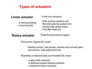 Types of actuators
Linear actuator
Rotary actuator
A soft iron armature
Powerful permanent magnet
● moving winding
● moving field.
Permanent magnet DC motor
Washer pumps, fuel pumps, window and sunroof open
and closure, seat adjustment etc.
Brushless or electronically commutated DC motor
● gear shift actuators
● electrical power-steering systems
● electrical clutch actuators.
Door locking systems and
Remote opening systems for
vehicle load space areas,
Fuel filler flaps etc.
 
