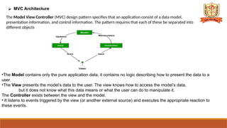 ⮚ MVC Architecture
The Model View Controller (MVC) design pattern specifies that an application consist of a data model,
presentation information, and control information. The pattern requires that each of these be separated into
different objects
•The Model contains only the pure application data, it contains no logic describing how to present the data to a
user.
•The View presents the model’s data to the user. The view knows how to access the model’s data,
but it does not know what this data means or what the user can do to manipulate it.
The Controller exists between the view and the model.
• It listens to events triggered by the view (or another external source) and executes the appropriate reaction to
these events.
 