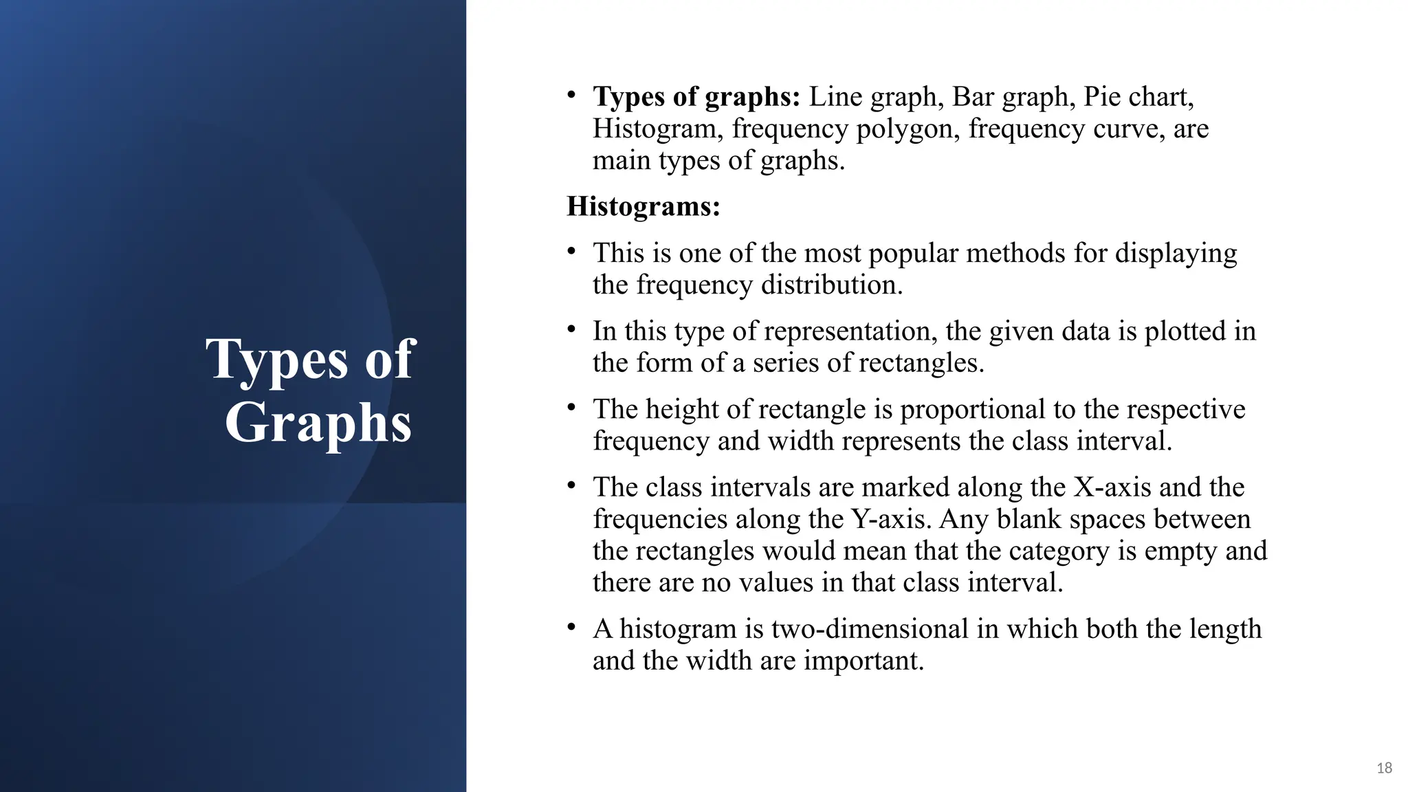 Types of
Graphs
• Types of graphs: Line graph, Bar graph, Pie chart,
Histogram, frequency polygon, frequency curve, are
main types of graphs.
Histograms:
• This is one of the most popular methods for displaying
the frequency distribution.
• In this type of representation, the given data is plotted in
the form of a series of rectangles.
• The height of rectangle is proportional to the respective
frequency and width represents the class interval.
• The class intervals are marked along the X-axis and the
frequencies along the Y-axis. Any blank spaces between
the rectangles would mean that the category is empty and
there are no values in that class interval.
• A histogram is two-dimensional in which both the length
and the width are important.
18
 