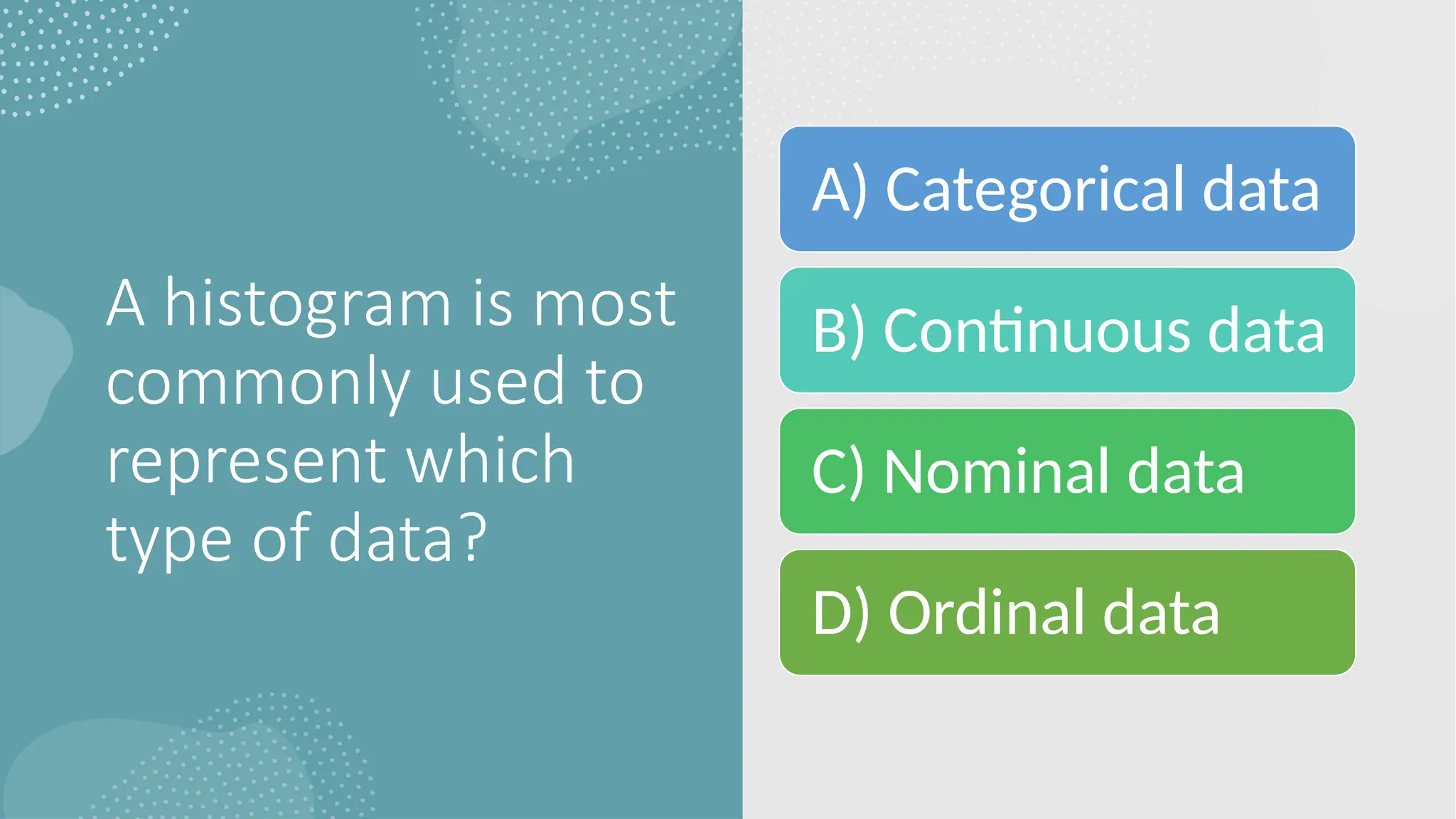 A histogram is most
commonly used to
represent which
type of data?
A) Categorical data
B) Continuous data
C) Nominal data
D) Ordinal data
 