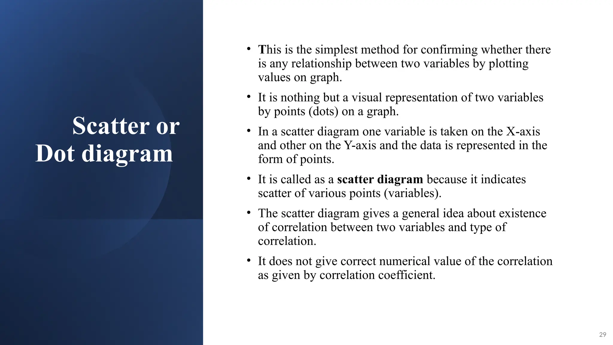 Scatter or
Dot diagram
• This is the simplest method for confirming whether there
is any relationship between two variables by plotting
values on graph.
• It is nothing but a visual representation of two variables
by points (dots) on a graph.
• In a scatter diagram one variable is taken on the X-axis
and other on the Y-axis and the data is represented in the
form of points.
• It is called as a scatter diagram because it indicates
scatter of various points (variables).
• The scatter diagram gives a general idea about existence
of correlation between two variables and type of
correlation.
• It does not give correct numerical value of the correlation
as given by correlation coefficient.
29
 