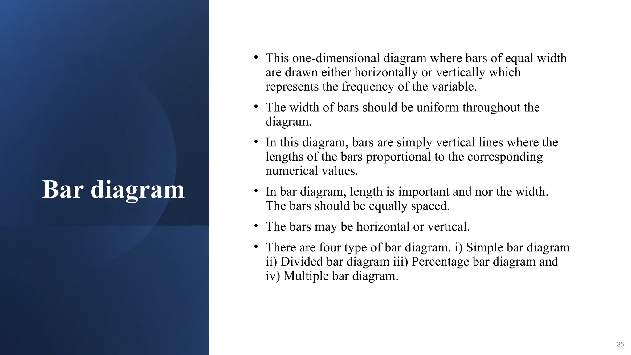 Bar diagram
• This one-dimensional diagram where bars of equal width
are drawn either horizontally or vertically which
represents the frequency of the variable.
• The width of bars should be uniform throughout the
diagram.
• In this diagram, bars are simply vertical lines where the
lengths of the bars proportional to the corresponding
numerical values.
• In bar diagram, length is important and nor the width.
The bars should be equally spaced.
• The bars may be horizontal or vertical.
• There are four type of bar diagram. i) Simple bar diagram
ii) Divided bar diagram iii) Percentage bar diagram and
iv) Multiple bar diagram.
35
 