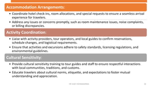 Accommodation Arrangements:
• Coordinate hotel check-ins, room allocations, and special requests to ensure a seamless arrival
experience for travelers.
• Address any issues or concerns promptly, such as room maintenance issues, noise complaints,
or billing discrepancies.
Activity Coordination:
• Liaise with activity providers, tour operators, and local guides to confirm reservations,
schedule changes, and logistical requirements.
• Ensure that activities and excursions adhere to safety standards, licensing regulations, and
environmental guidelines.
Cultural Sensitivity:
• Provide cultural sensitivity training to tour guides and staff to ensure respectful interactions
with local communities, traditions, and customs.
• Educate travelers about cultural norms, etiquette, and expectations to foster mutual
understanding and appreciation.
18
DR VIJAY VISHWAKARMA
 