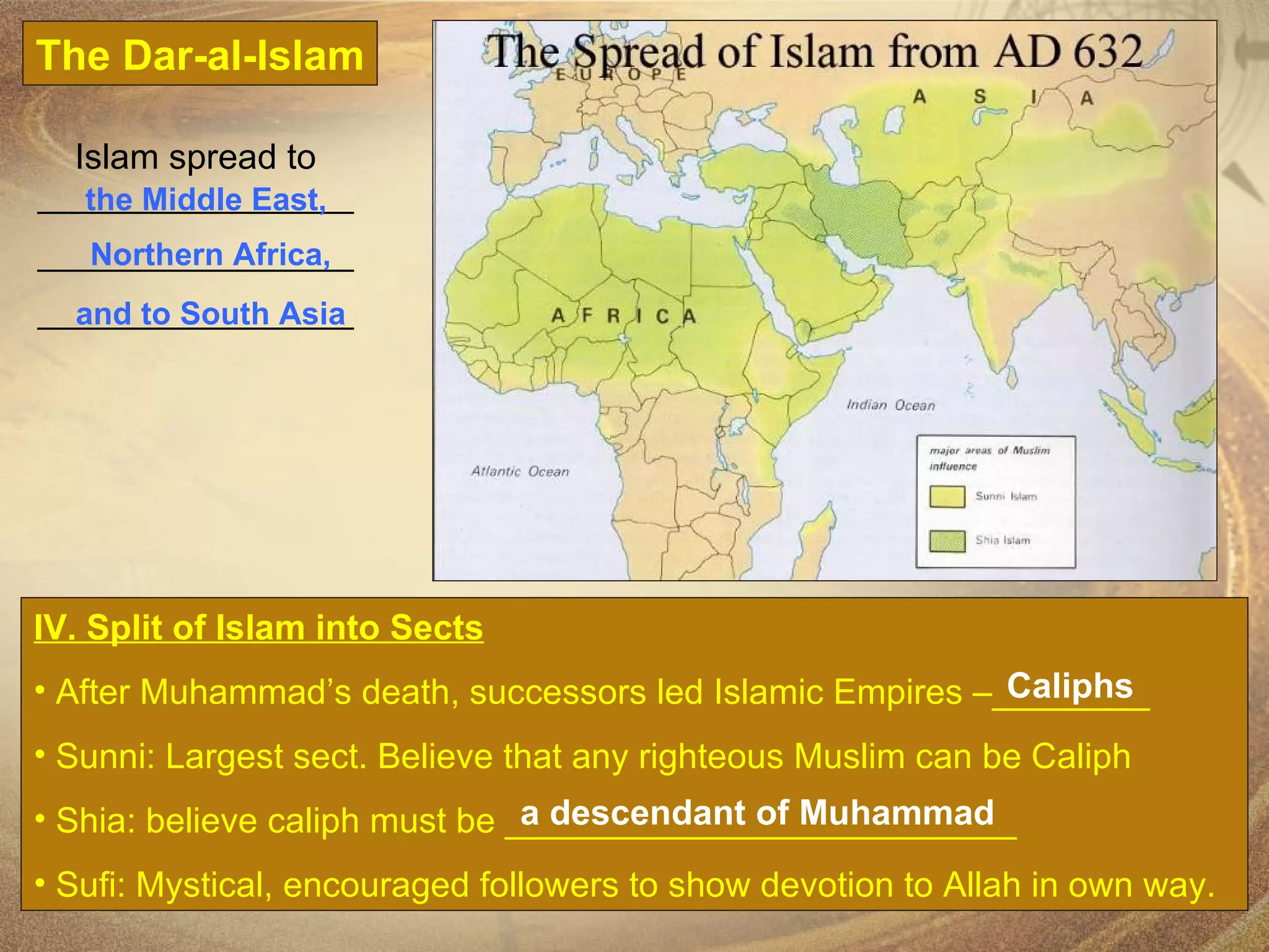 Islam spread to  __________________ __________________ __________________ the Middle East, Northern Africa, and to South Asia The Dar-al-Islam IV. Split of Islam into Sects After Muhammad’s death, successors led Islamic Empires –________ Sunni: Largest sect. Believe that any righteous Muslim can be Caliph Shia: believe caliph must be __________________________ Sufi: Mystical, encouraged followers to show devotion to Allah in own way. Caliphs a descendant of Muhammad 
