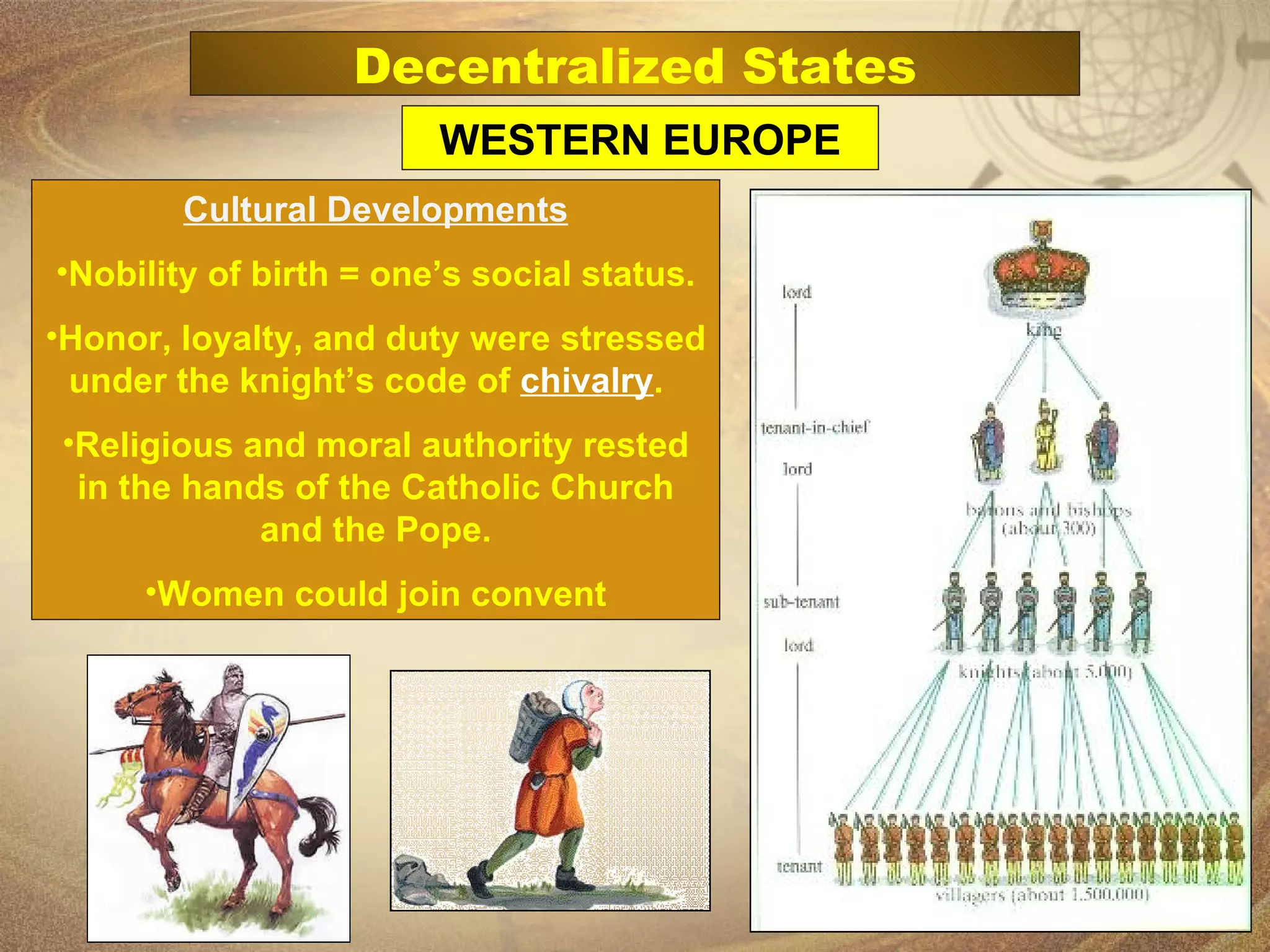 WESTERN EUROPE Cultural Developments Nobility of birth = one’s social status. Honor, loyalty, and duty were stressed under the knight’s code of  chivalry .  Religious and moral authority rested in the hands of the Catholic Church and the Pope. Women could join convent Decentralized States 