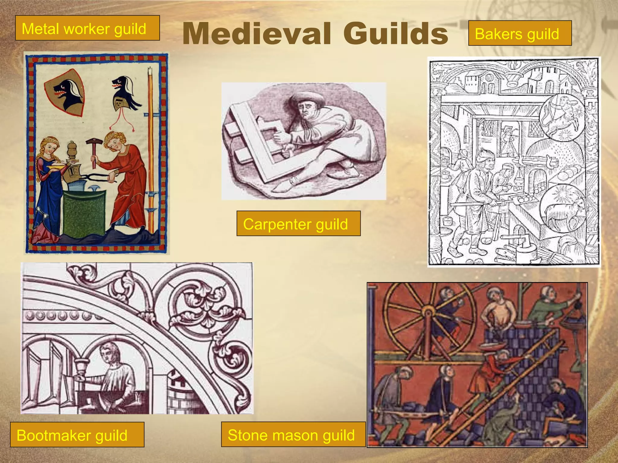 Medieval Guilds Bootmaker guild Carpenter guild Bakers guild Stone mason guild Metal worker guild 