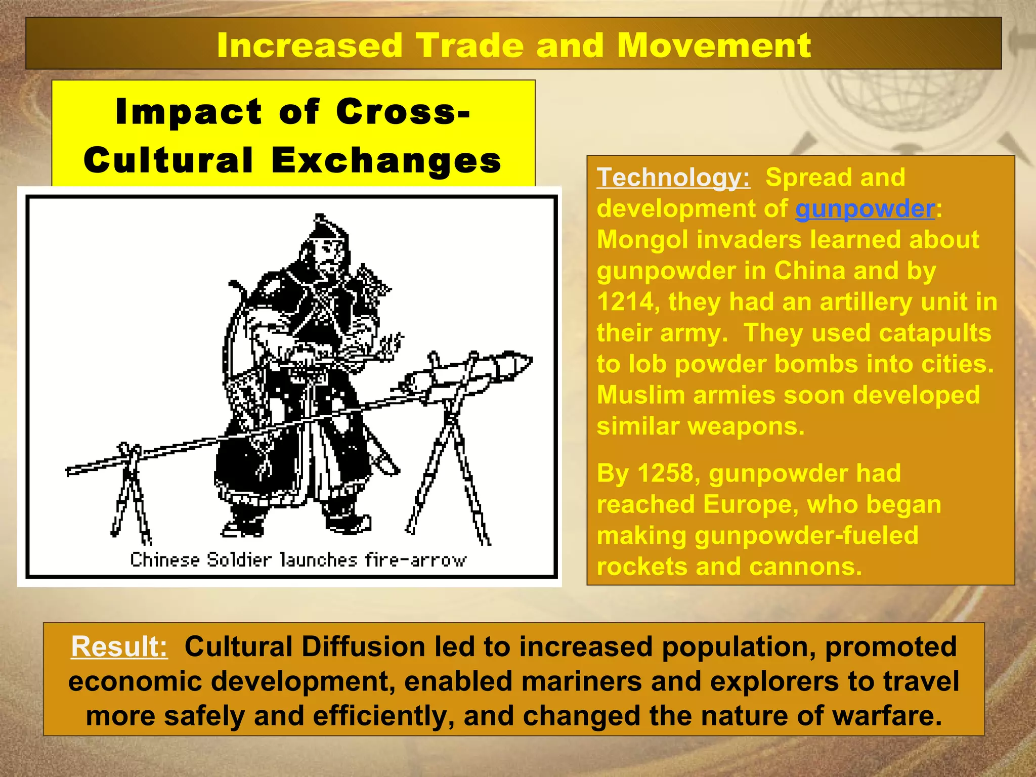 Impact of Cross-Cultural Exchanges Technology:   Spread and development of  gunpowder :  Mongol invaders learned about gunpowder in China and by 1214, they had an artillery unit in their army.  They used catapults to lob powder bombs into cities.  Muslim armies soon developed similar weapons. By 1258, gunpowder had reached Europe, who began making gunpowder-fueled rockets and cannons. Result:   Cultural Diffusion led to increased population, promoted economic development, enabled mariners and explorers to travel more safely and efficiently, and changed the nature of warfare. Increased Trade and Movement 