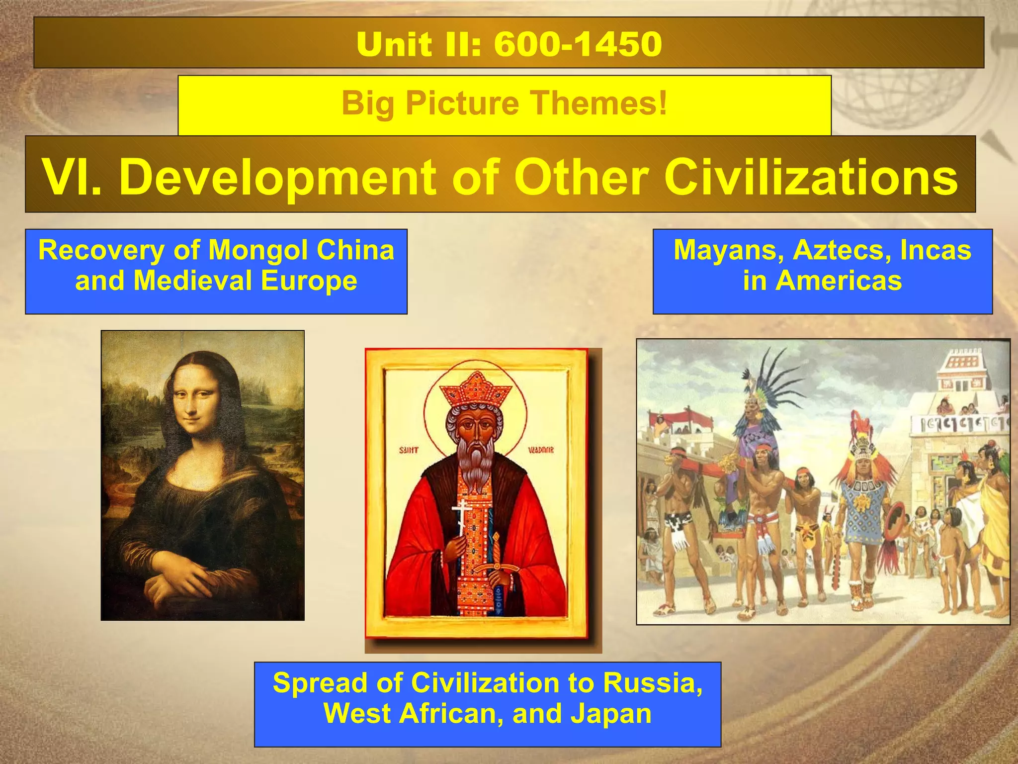 Unit II: 600-1450 Big Picture Themes! Recovery of Mongol China and Medieval Europe VI. Development of Other Civilizations Spread of Civilization to Russia, West African, and Japan Mayans, Aztecs, Incas in Americas 