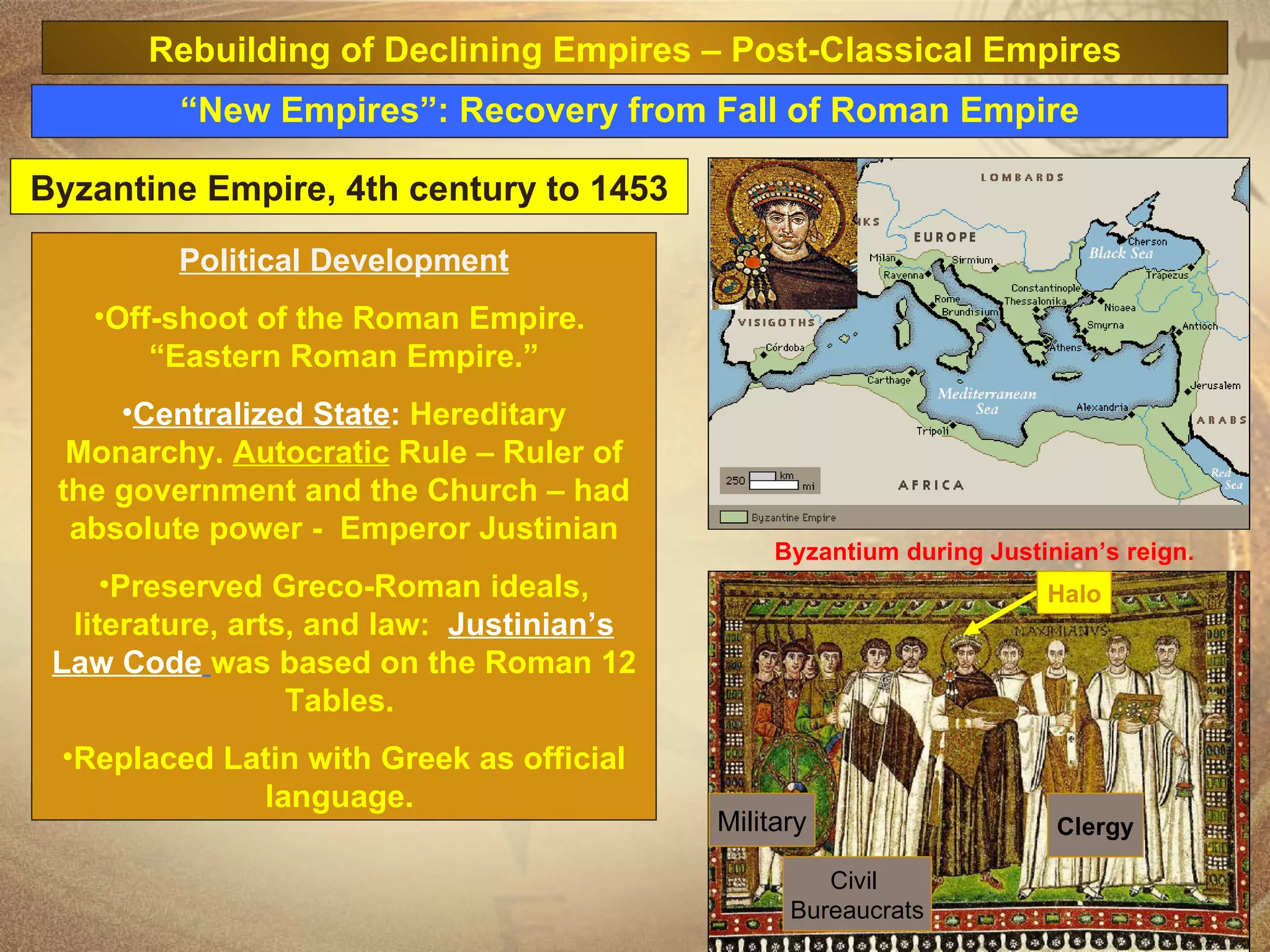 Political Development Off-shoot of the Roman Empire.  “Eastern Roman Empire.” Centralized State :   Hereditary Monarchy.  Autocratic  Rule – Ruler of the government and the Church – had absolute power -  Emperor Justinian Preserved Greco-Roman ideals, literature, arts, and law:  Justinian’s Law Code   was based on the Roman 12 Tables.  Replaced Latin with Greek as official language.  Military Civil  Bureaucrats Clergy Halo Byzantium during Justinian’s reign. Byzantine Empire, 4th century to 1453 “ New Empires”: Recovery from Fall of Roman Empire Rebuilding of Declining Empires – Post-Classical Empires 