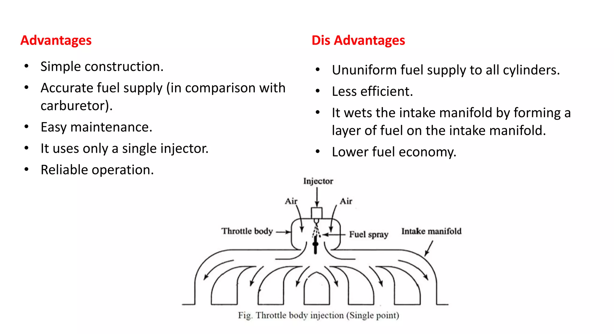 Advantages
• Simple construction.
• Accurate fuel supply (in comparison with
carburetor).
• Easy maintenance.
• It uses only a single injector.
• Reliable operation.
Dis Advantages
• Ununiform fuel supply to all cylinders.
• Less efficient.
• It wets the intake manifold by forming a
layer of fuel on the intake manifold.
• Lower fuel economy.
 