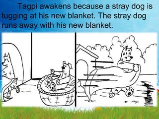 Tagpi awakens because a stray dog is
tugging at his new blanket. The stray dog
runs away with his new blanket.
 